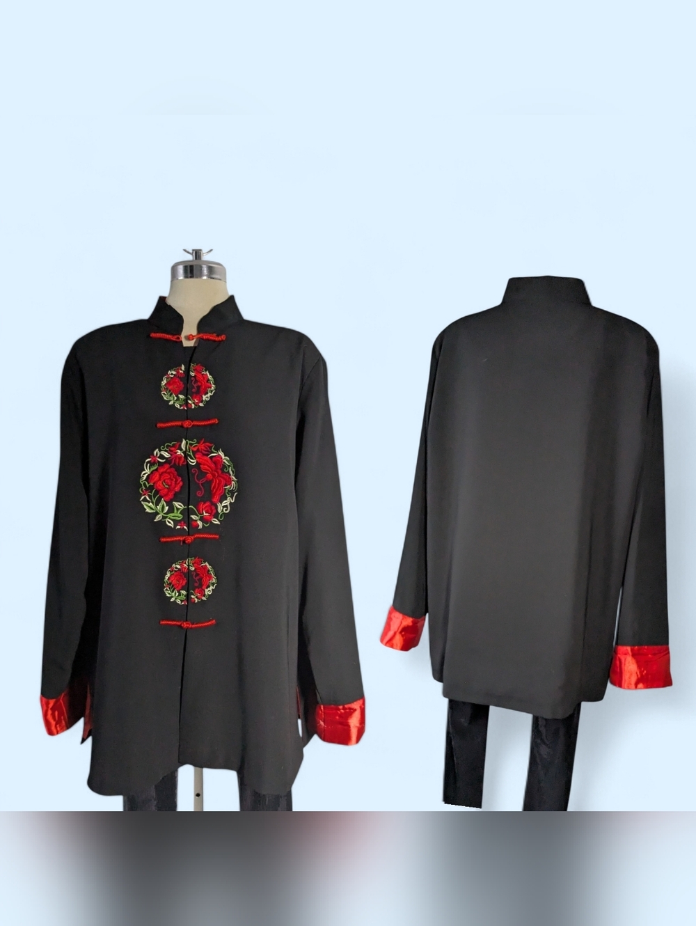 UNISEX Black Trench 50%Silk 50% Polyester Coat Red Floral Embroidery Size XXL